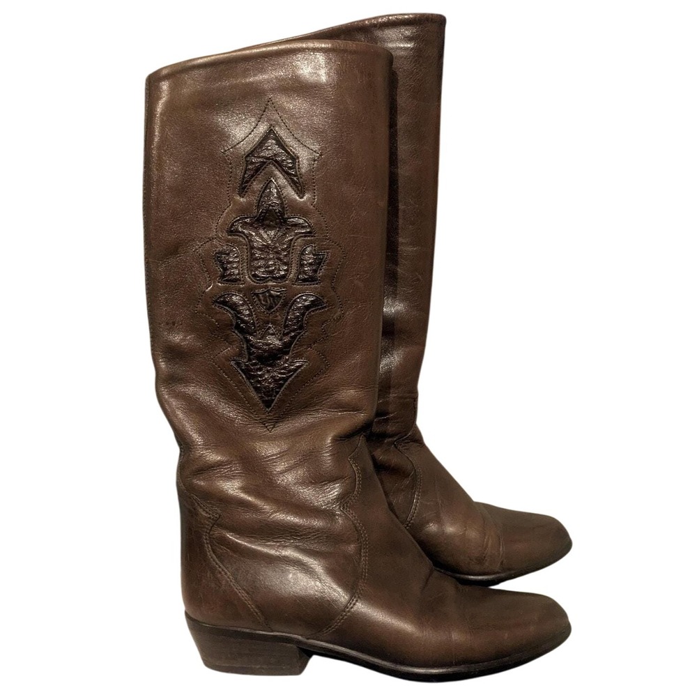 Vintage 80s Cognac‎ Leather Reptile Tall Riding Boots Western Size 6.5